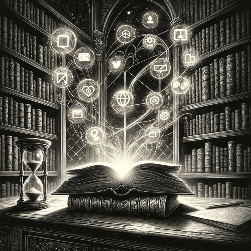 In a dimly lit, vintage study filled with shelves of ancient books, a large, ornate wooden desk sits in the center. On the desk, an old, open leather-bound book glows softly, illuminating the room with a warm, inviting light. Beside the book, a classic hourglass with golden sand counts down from fifteen minutes. Floating above the book, holographic icons representing various social media platforms (such as a camera for Instagram, a bird for Twitter, and an 'f' for Facebook) gently orbit the glow. The scene is bathed in a magical aura, suggesting the unlocking of secrets and the discovery of limitless potential. The atmosphere is one of wonder and anticipation, as if the book and the hourglass are the keys to unleashing a creative flow of ideas. In the background, through a window, a starry night sky suggests the limitless possibilities awaiting outside the confines of the study.