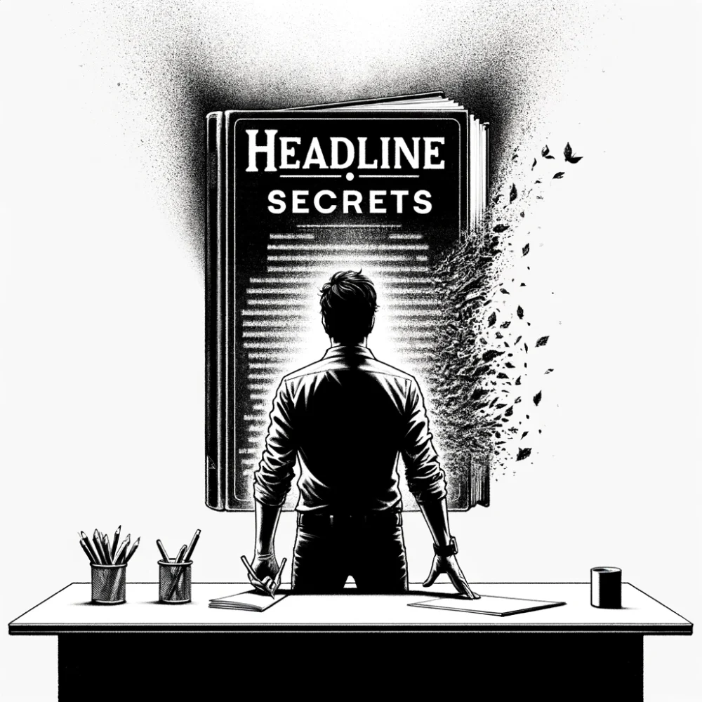 A black and white sketch depicting a person viewed from the back, standing confidently in front of a desk. On the desk lies a crumbled and dusty book titled 'Headline Secrets,' symbolizing its obsolescence. The person's hand is near a notepad, ready to write, embodying the human element in creating impactful, AI-assisted content. The background is minimalist, showcasing a subtle transition from disorder to order, representing the evolution from traditional methods to innovative approaches in crafting compelling headlines.